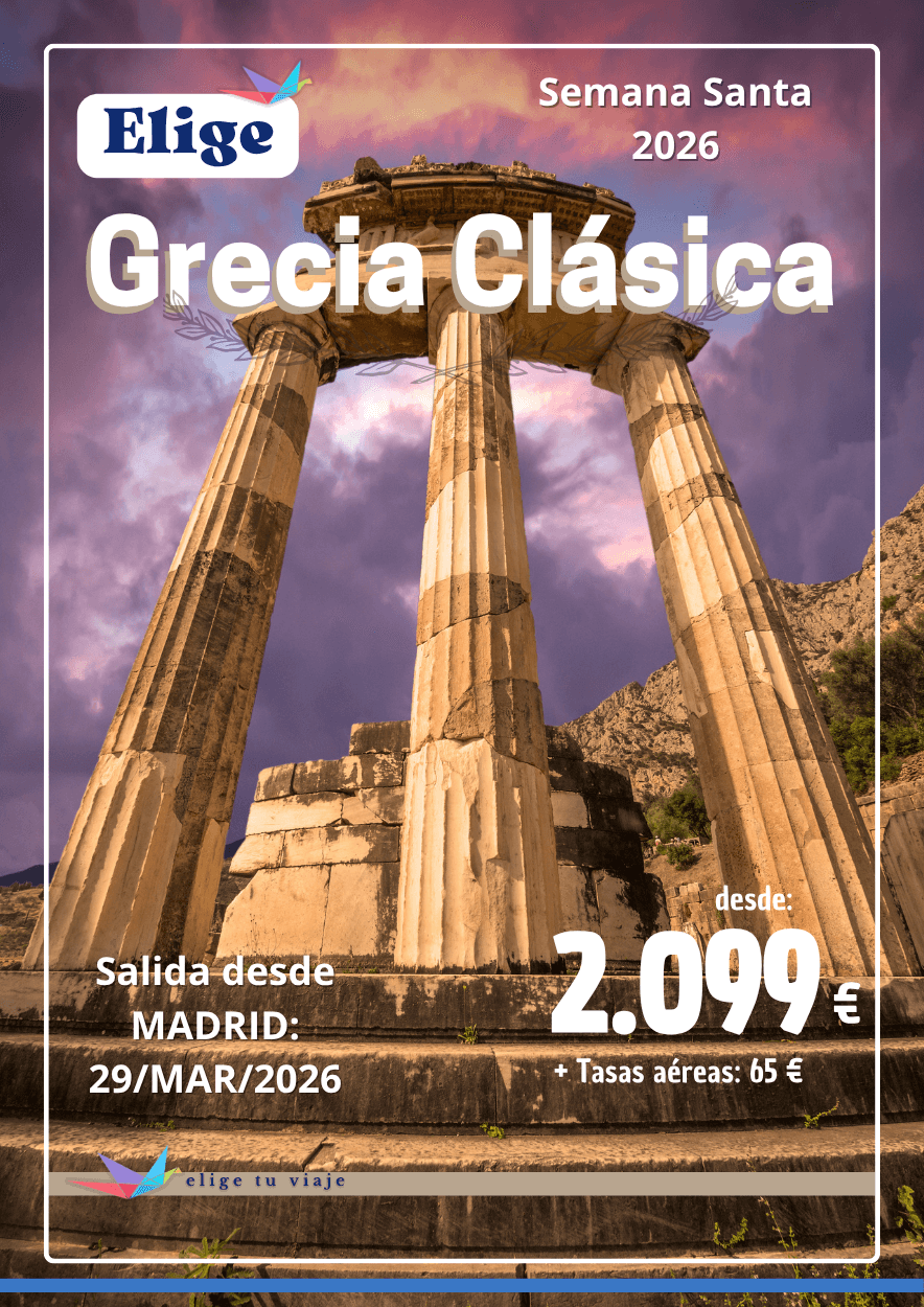 GRECIA CLÁSICA Semana Santa 2026 desde Madrid (29/03-05/04/2026). Incluye vuelo regular Madrid-Atenas-Madrid; 4 noches de alojamiento en el hotel de categoría seleccionada en Atenas, en régimen de AD; 4 días / 3 noches en tour del Peloponeso y Meteora en hoteles de categoría seleccionada y régimen de media pensión (3 desayunos + 3 cenas sin bebidas); autobús moderno con aire acondicionado para todo el recorrido; visitas indicadas en el programa con guía local de habla hispana y entradas; traslados aeropuerto-hotel-aeropuerto (sin asistencia) y seguro turístico de viaje básico (inclusión), para agencias de viajes con Elige Tu Viaje.